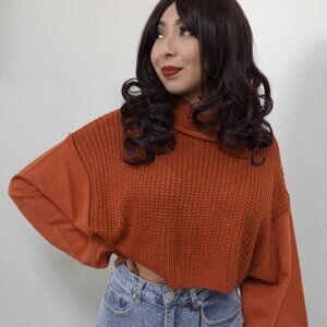 Women's Cropped Turtleneck Sweater Lantern Sleeve Ribbed Knit Pullover Sweater